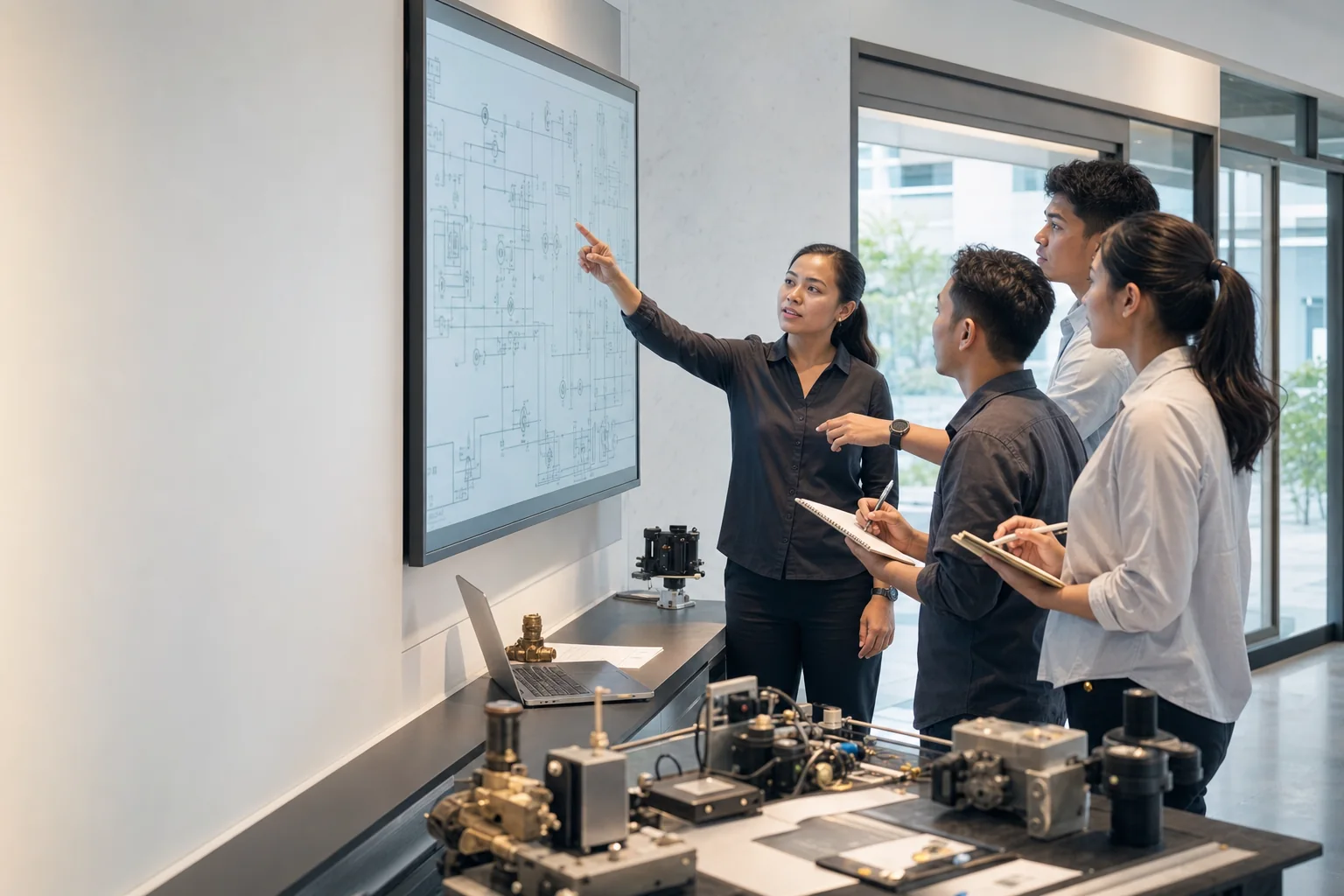 An instructor guides employees through a practical technical process