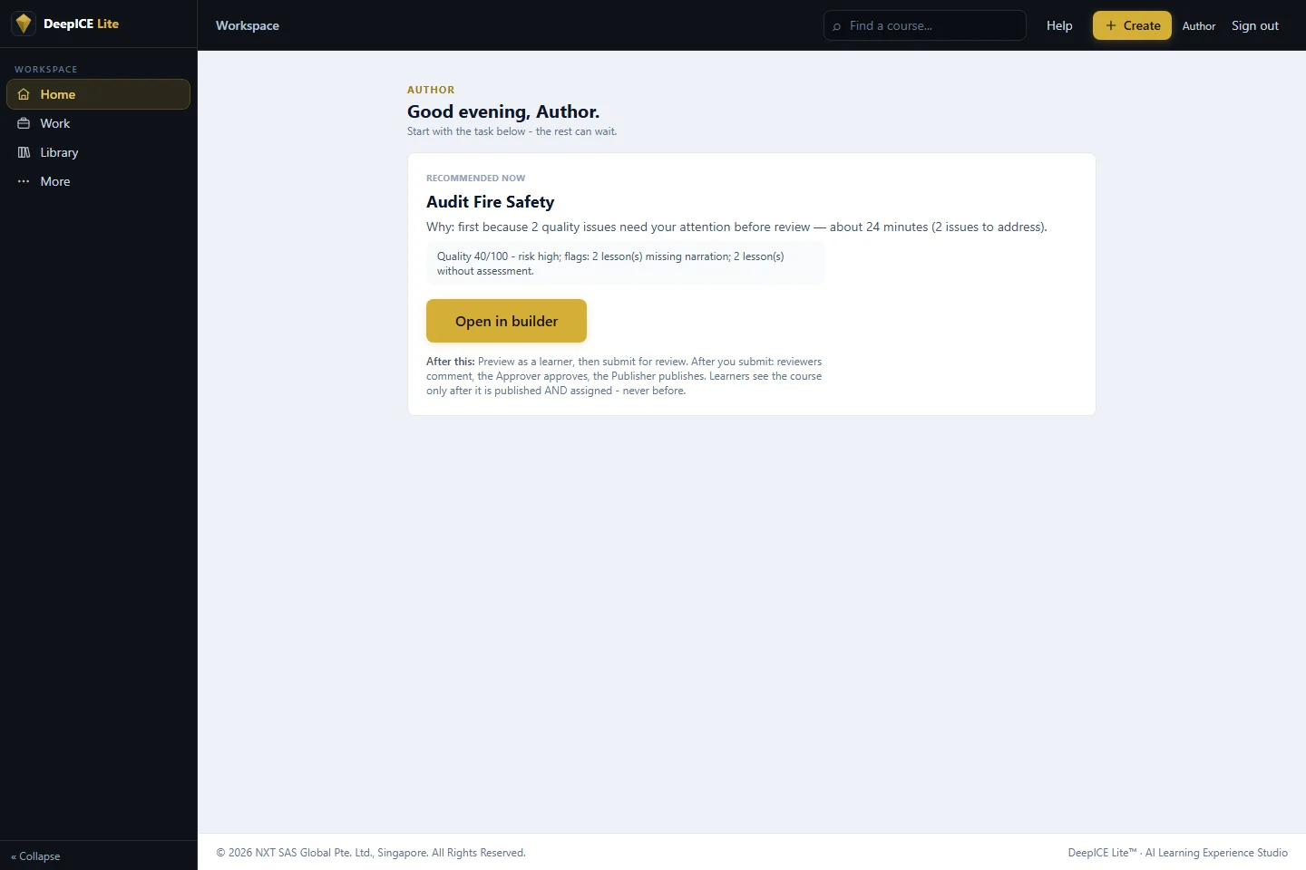 DeepICE Author workspace showing the next course-building action