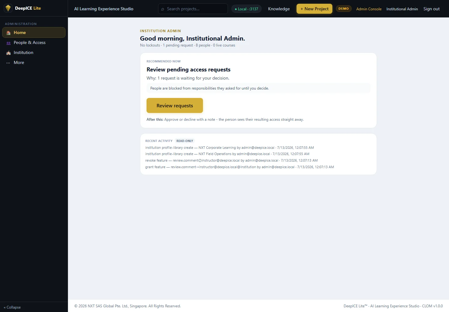 DeepICE Institution Admin workspace showing operational priorities