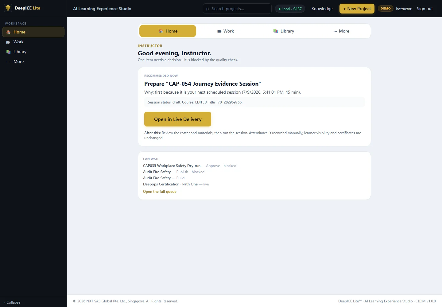 DeepICE Instructor workspace showing the next delivery session