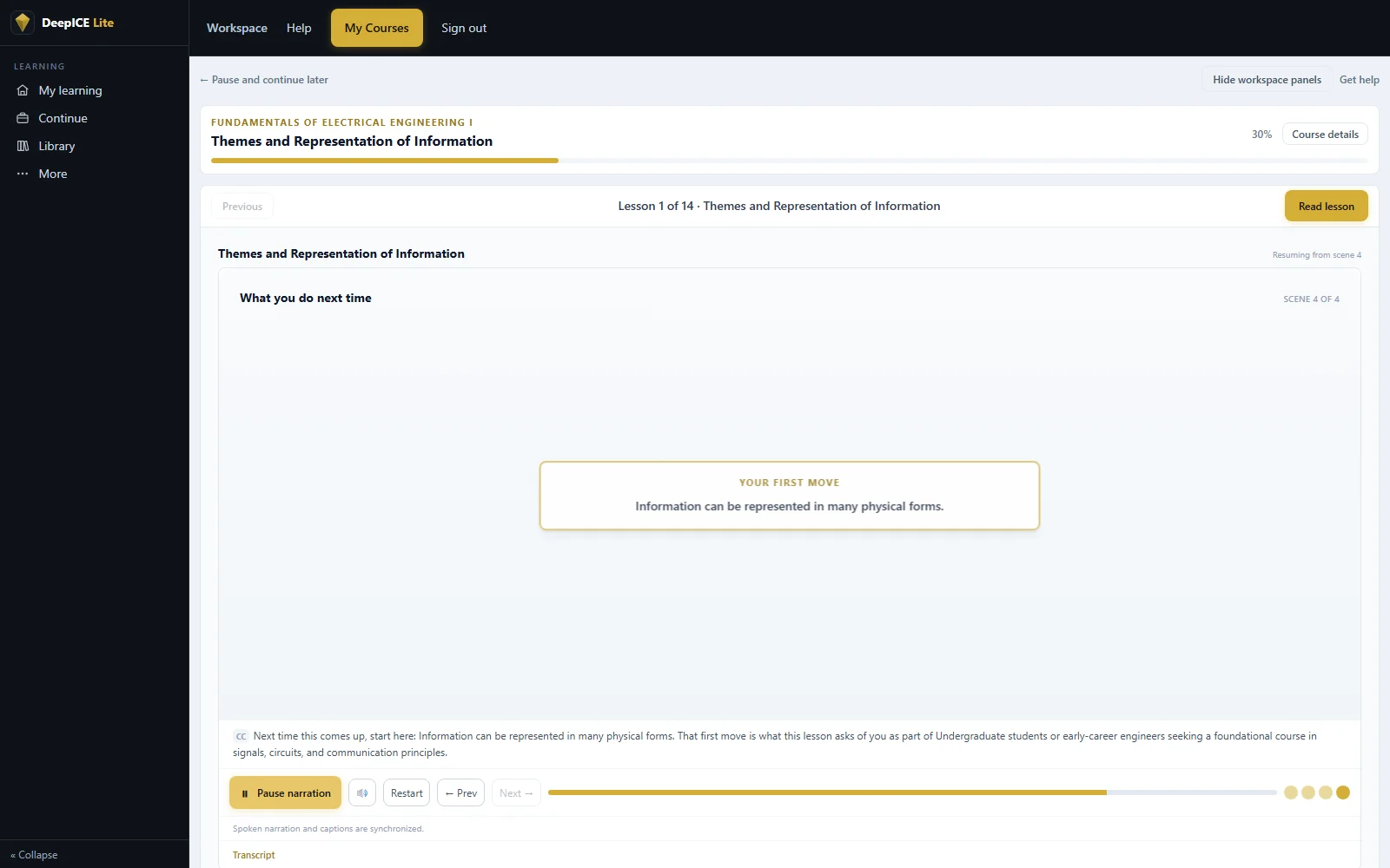 Wide DeepICE learner stage with lesson progress and focused learning canvas