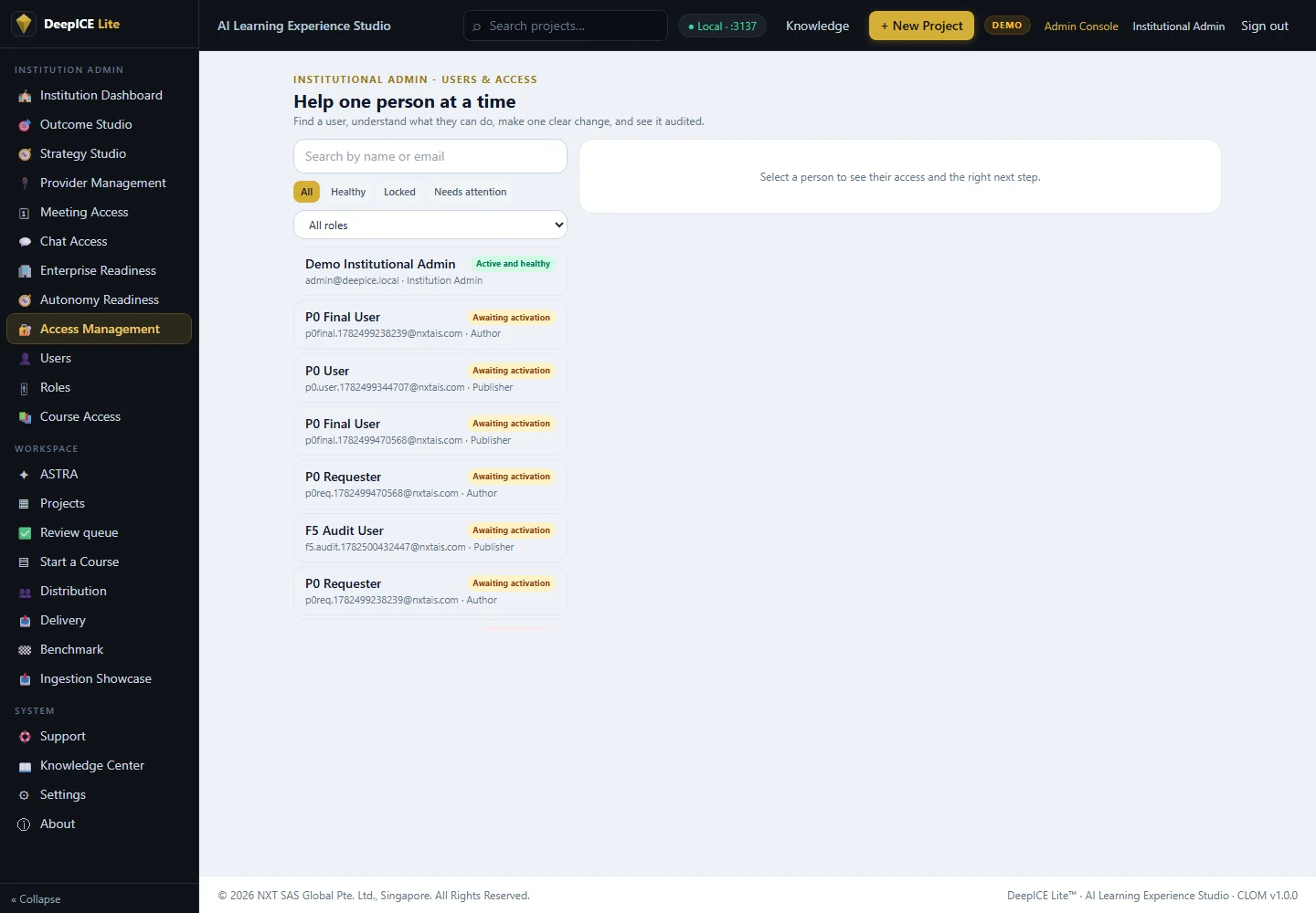 DeepICE users and access workspace for governed platform administration